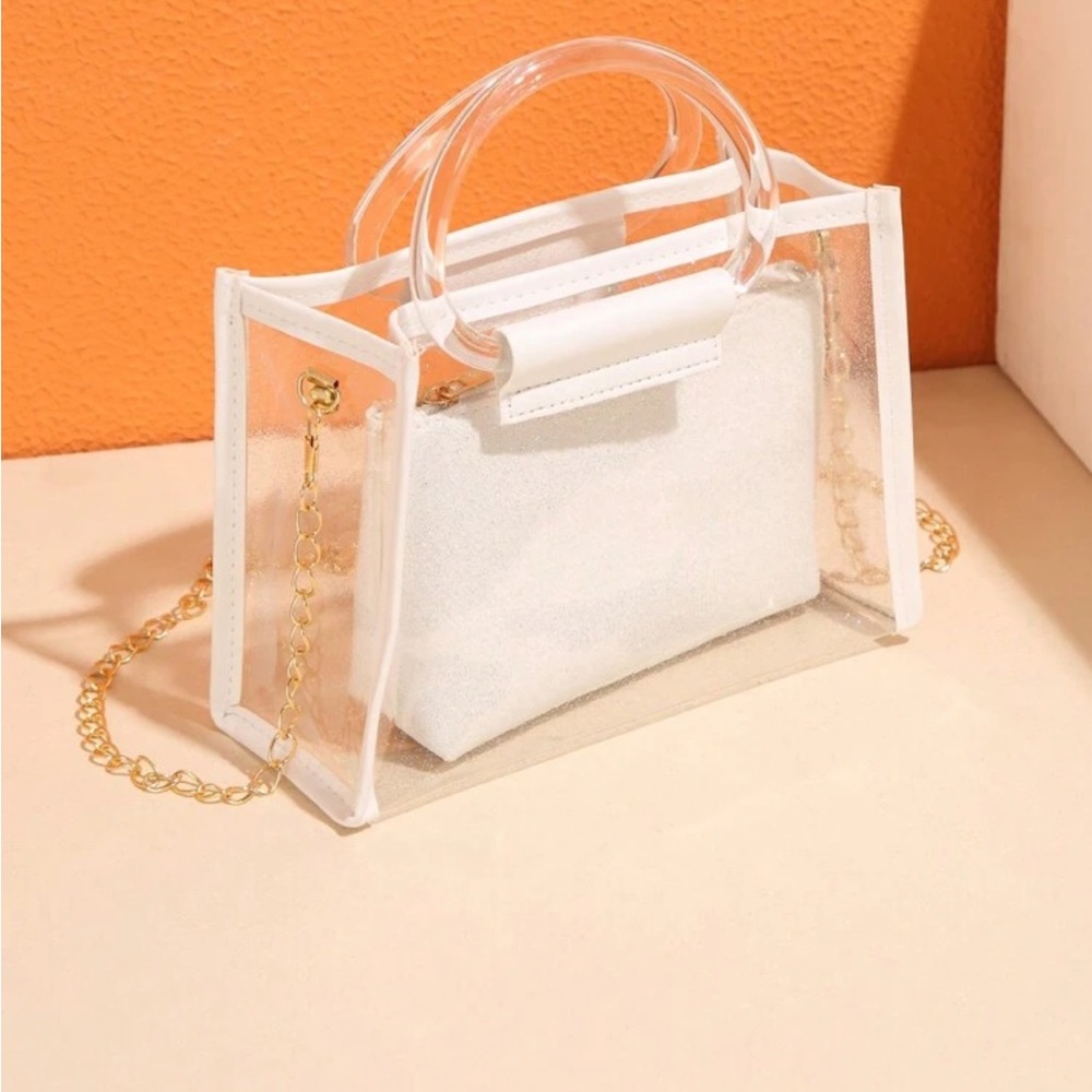 Transparent White Handbag with Gold Chain stadium clear concert bag